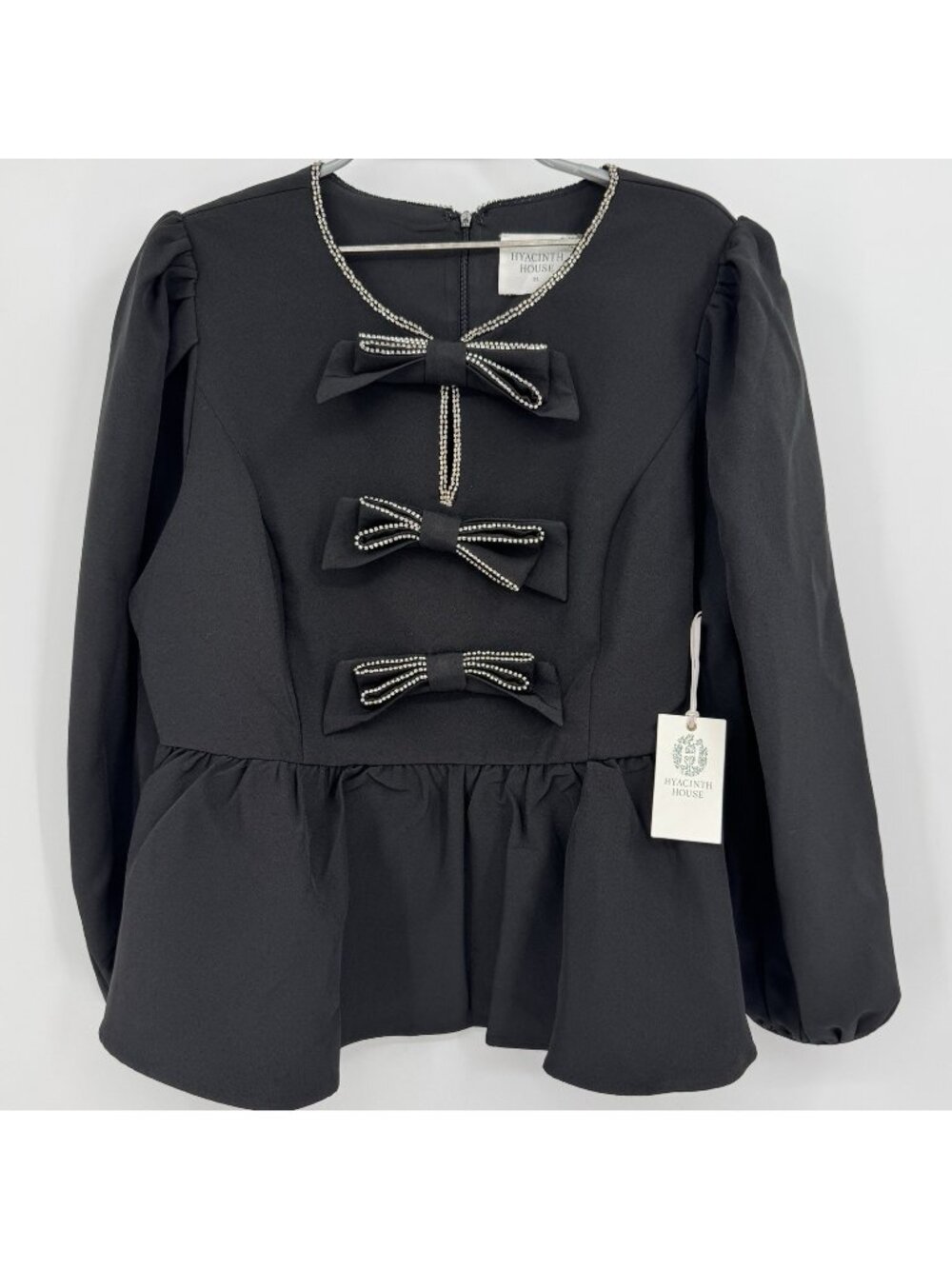 Hyacinth House by Tuckernuck Black Embellished Blair Bow Peplum Blouse Top sz XL